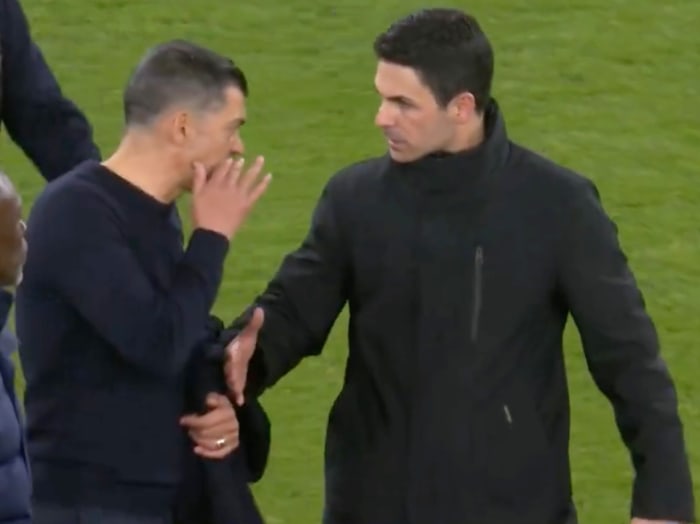 Sergio Conceicao pictured (left) refusing to shake hands with Mikel Arteta following Arsenal's penalty-shootout win over Porto in March 2024